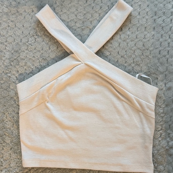 Tops - White ribbed cross neck halter crop top size Small casual going out tank